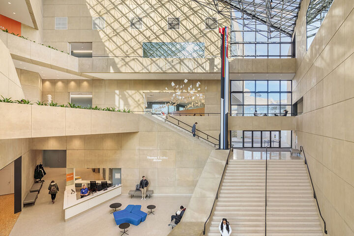 An aerial shot of the interior entrance of the Eskenazi Museum of Art at IU Bloomington.